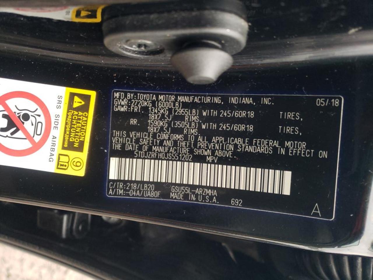 Photo 10 from auction – 2018 TOYOTA HIGHLANDER with VIN 5TDJZRFH0JS551202