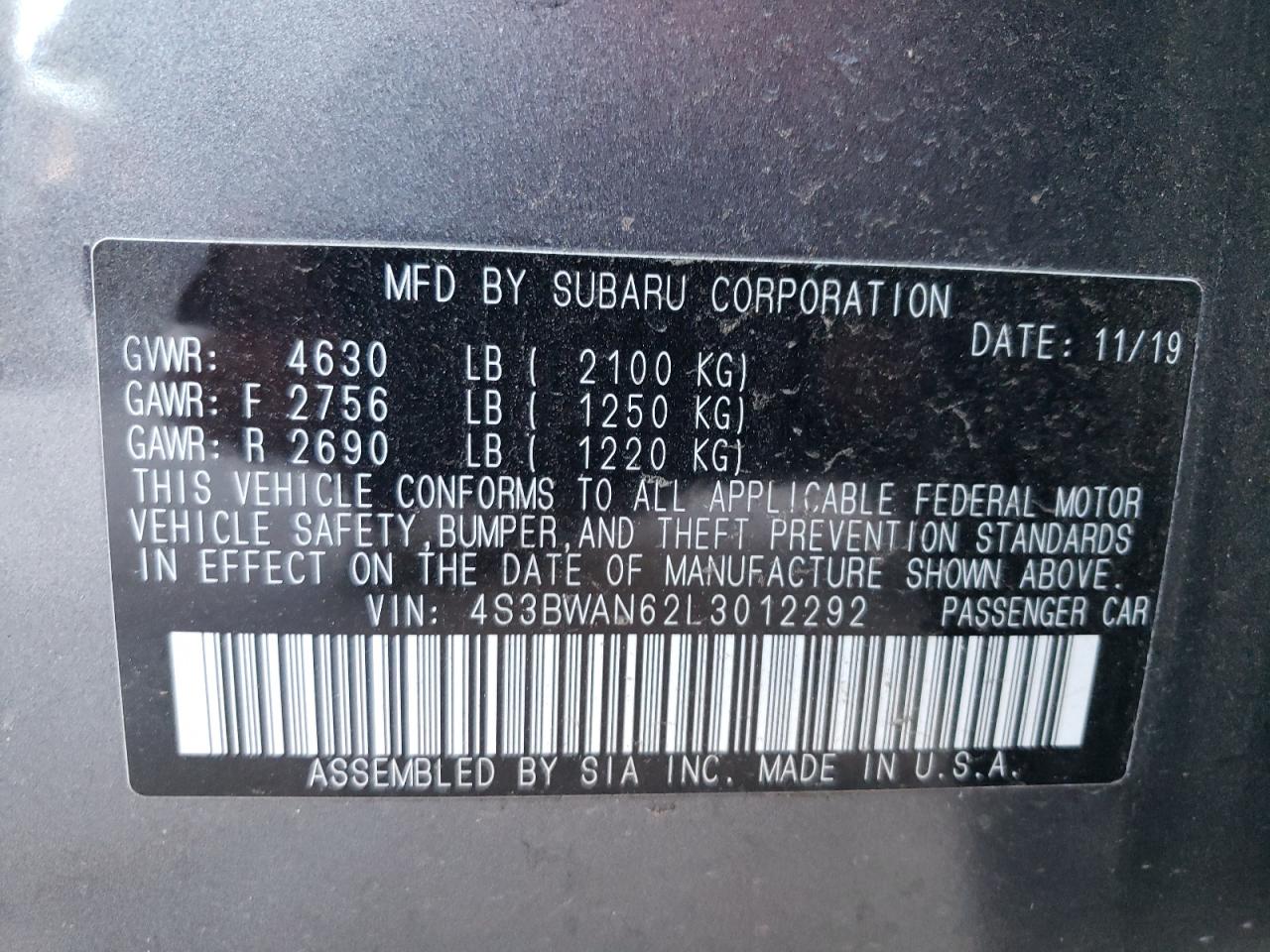 Photo 10 from auction – 2020 SUBARU LEGACY LIM with VIN 4S3BWAN62L3012292