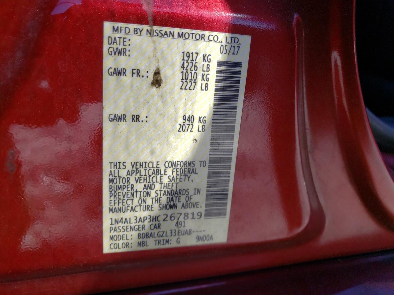 Photo 10 from auction – 2017 NISSAN ALTIMA 2.5 with VIN 1N4AL3AP3HC267819