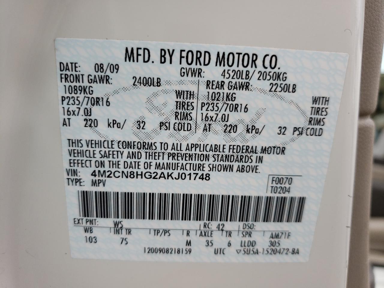 Photo 10 from auction – 2010 MERCURY MARINER PR with VIN 4M2CN8HG2AKJ01748