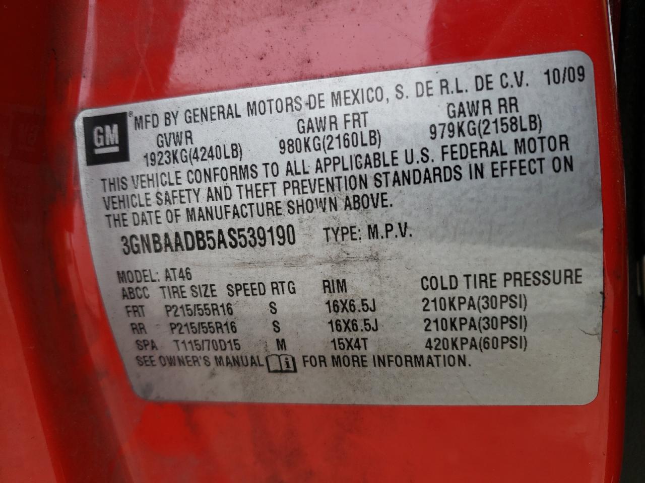 Photo 10 from auction – 2010 CHEVROLET HHR LS with VIN 3GNBAADB5AS539190