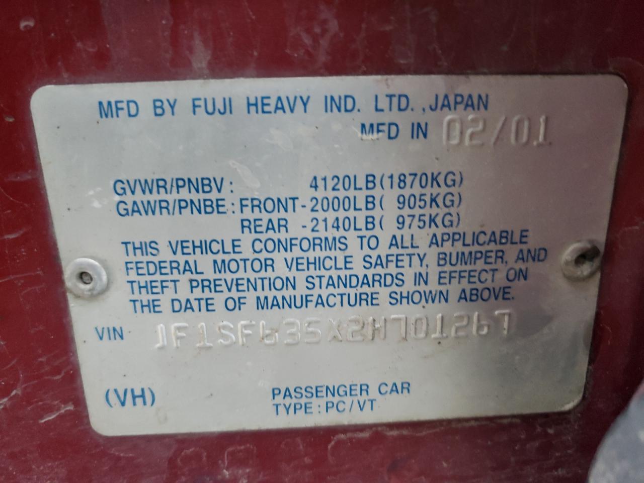 Photo 10 from auction – 2002 SUBARU FORESTER L with VIN JF1SF635X2H701267