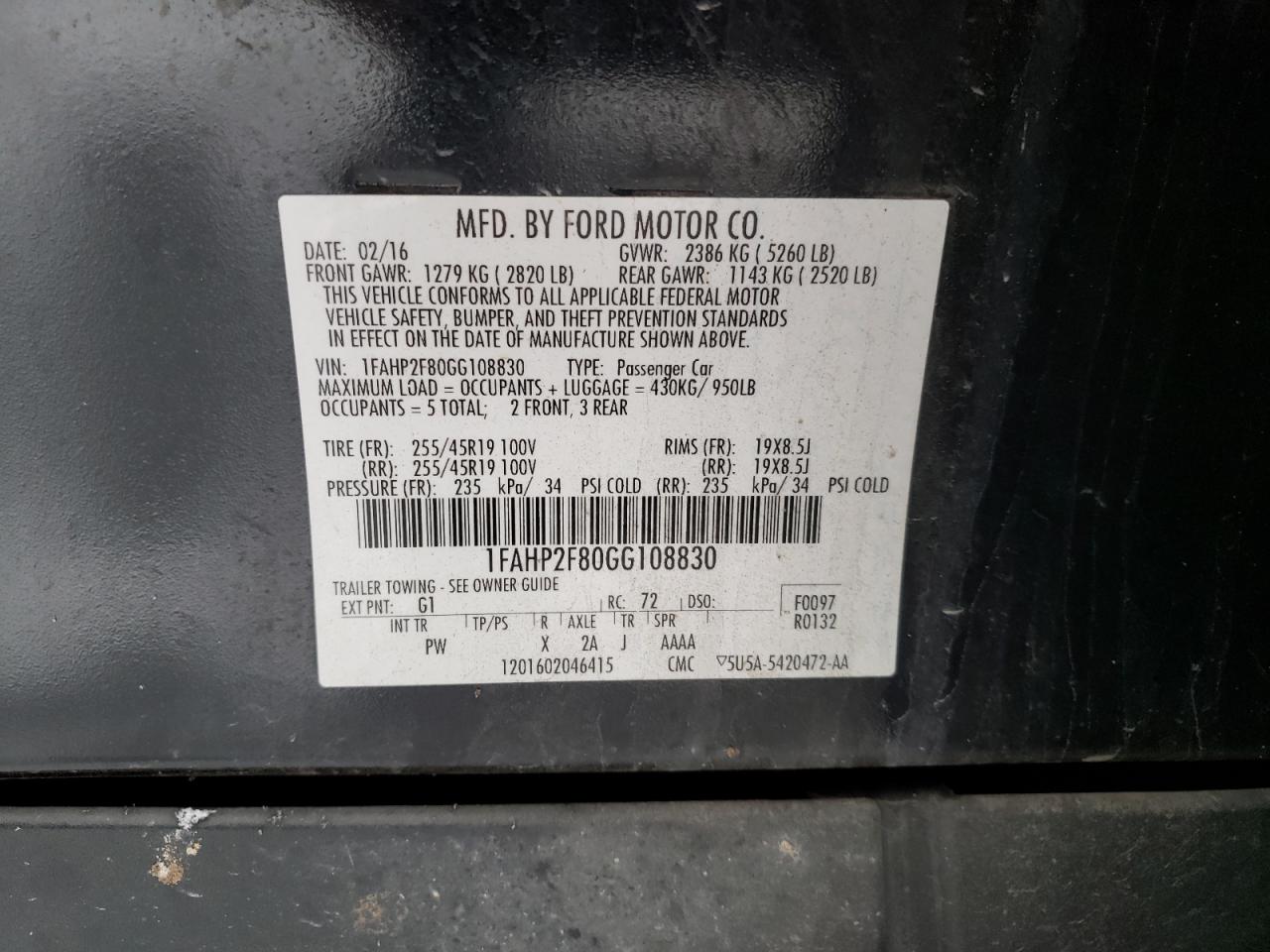 Photo 10 from auction – 2016 FORD TAURUS LIM with VIN 1FAHP2F80GG108830