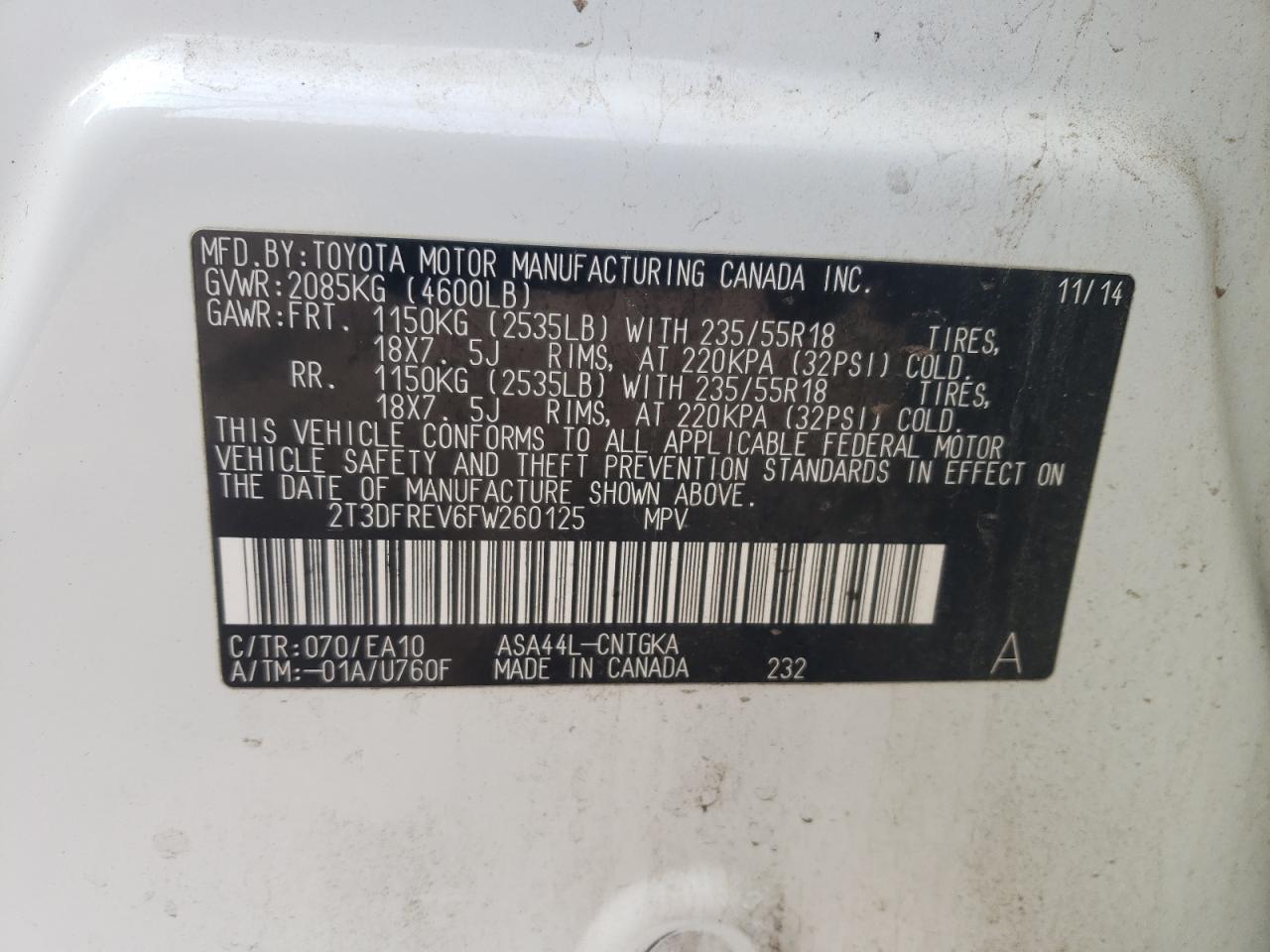 Photo 10 from auction – 2015 TOYOTA RAV4 LIMIT with VIN 2T3DFREV6FW260125