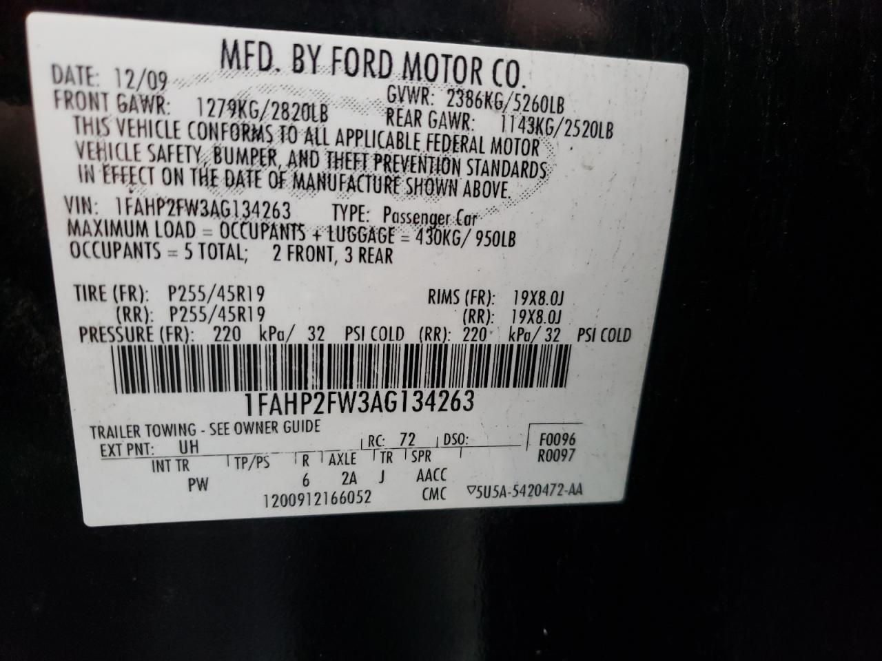 Foto 10 de la subasta – 2010 FORD TAURUS LIM con VIN 1FAHP2FW3AG134263