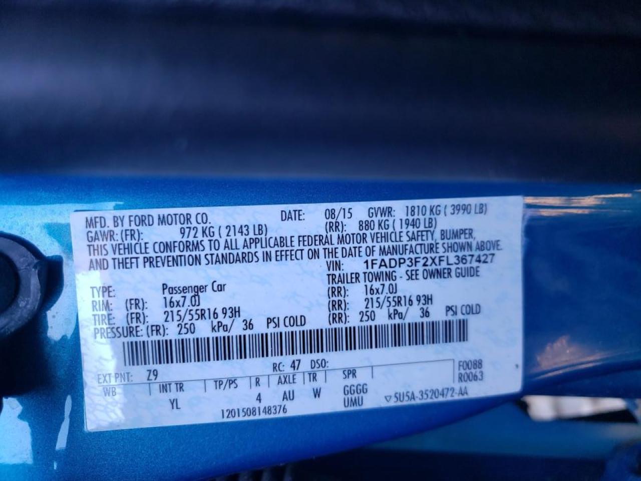 Photo 10 from auction – 2015 FORD FOCUS SE with VIN 1FADP3F2XFL367427