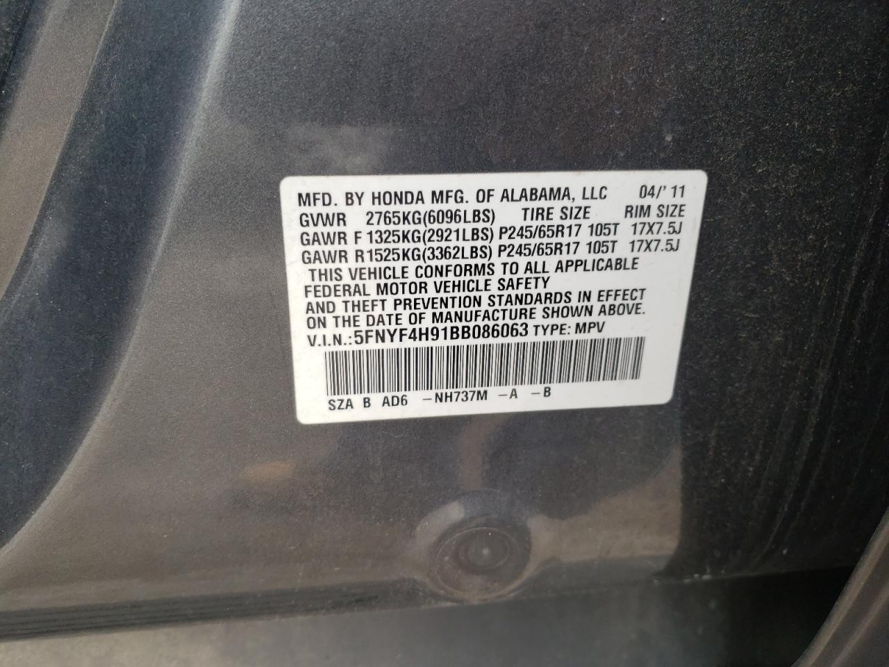 Photo 10 from auction – 2011 HONDA PILOT TOUR with VIN 5FNYF4H91BB086063