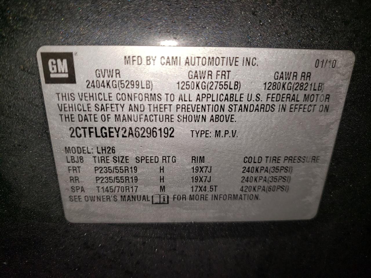 Photo 10 from auction – 2010 GMC TERRAIN SL with VIN 2CTFLGEY2A6296192