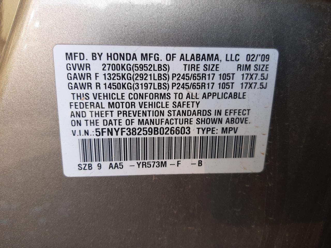 Photo 10 from auction – 2009 HONDA PILOT LX with VIN 5FNYF38259B026603