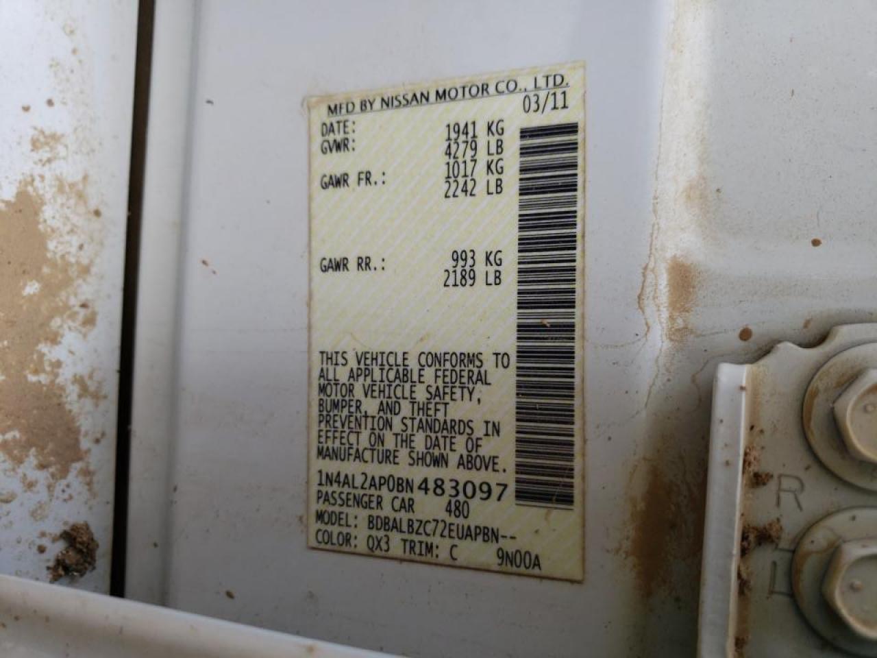 Photo 10 from auction – 2011 NISSAN ALTIMA BAS with VIN 1N4AL2AP0BN483097