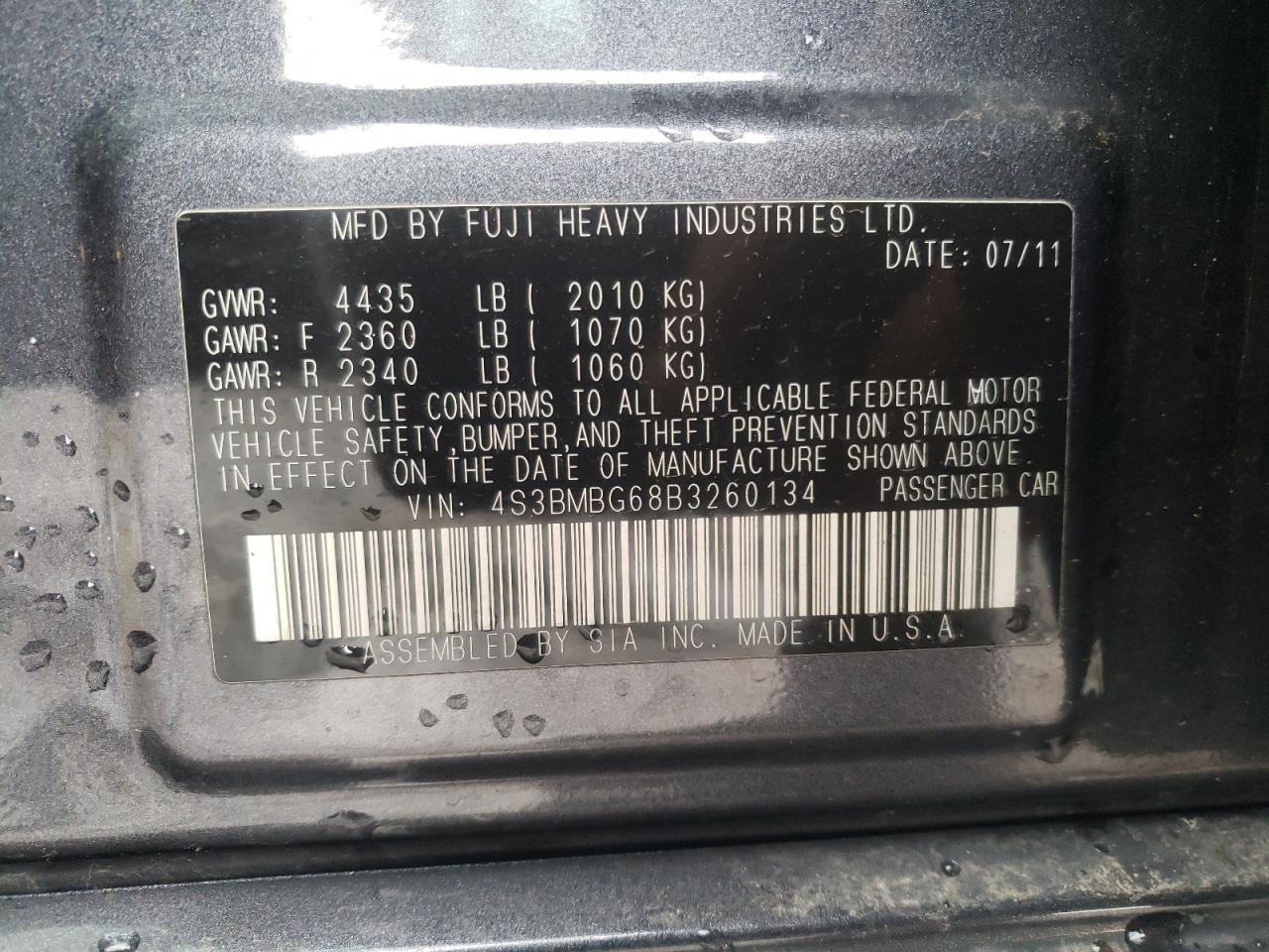 Photo 10 from auction – 2011 SUBARU LEGACY 2.5 with VIN 4S3BMBG68B3260134