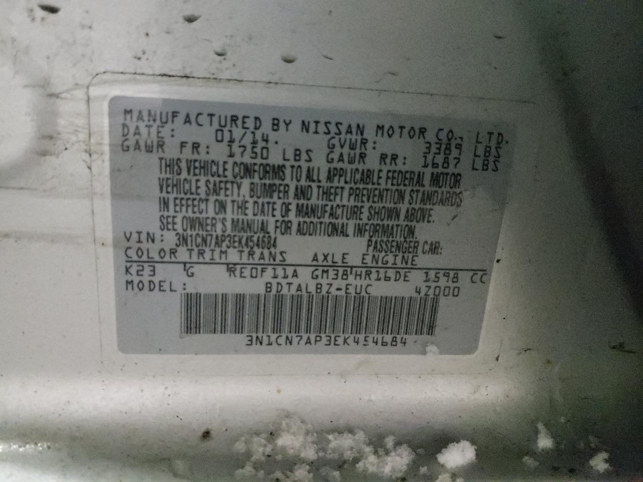 Photo 10 from auction – 2014 NISSAN VERSA S with VIN 3N1CN7AP3EK454684