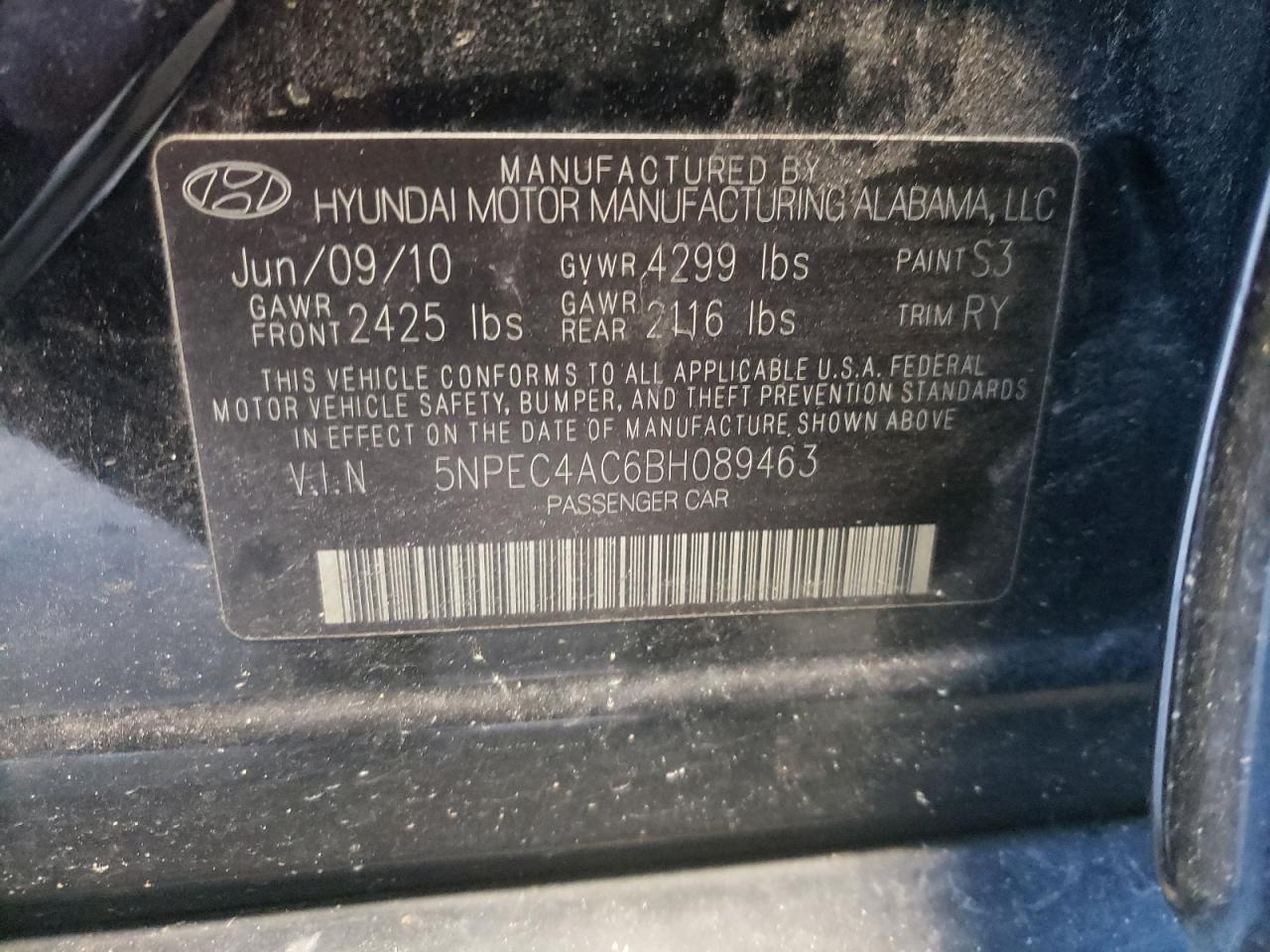 Photo 10 from auction – 2011 HYUNDAI SONATA SE with VIN 5NPEC4AC6BH089463