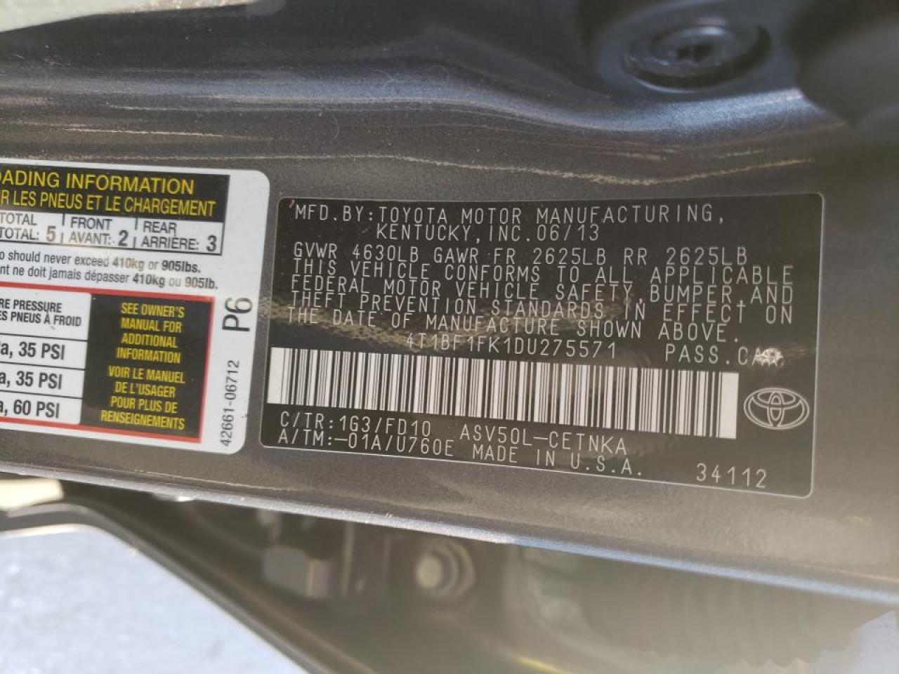 Photo 10 from auction – 2013 TOYOTA CAMRY L with VIN 4T1BF1FK1DU275571