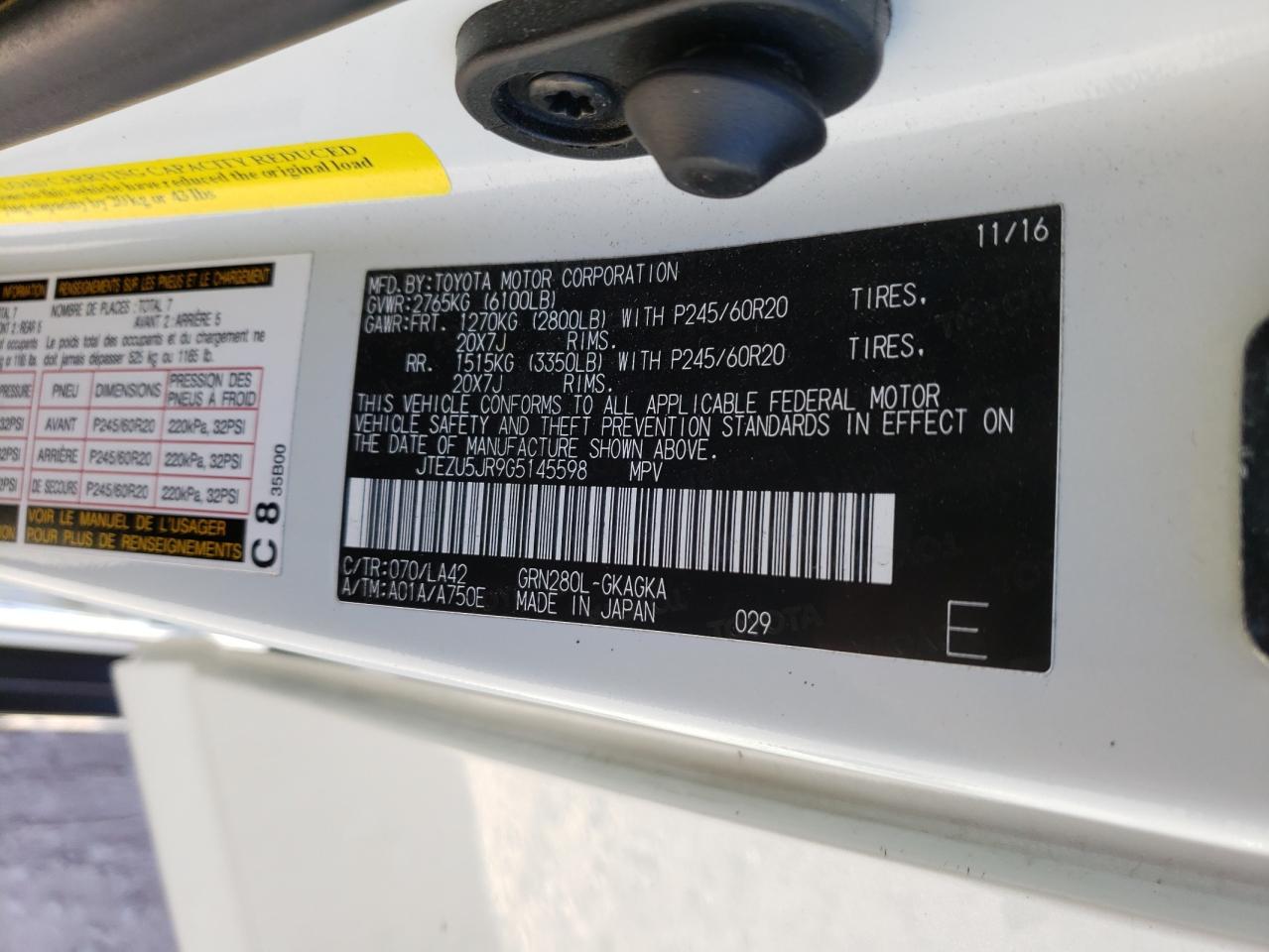 Photo 10 from auction – 2016 TOYOTA 4RUNNER SR with VIN JTEZU5JR9G5145598