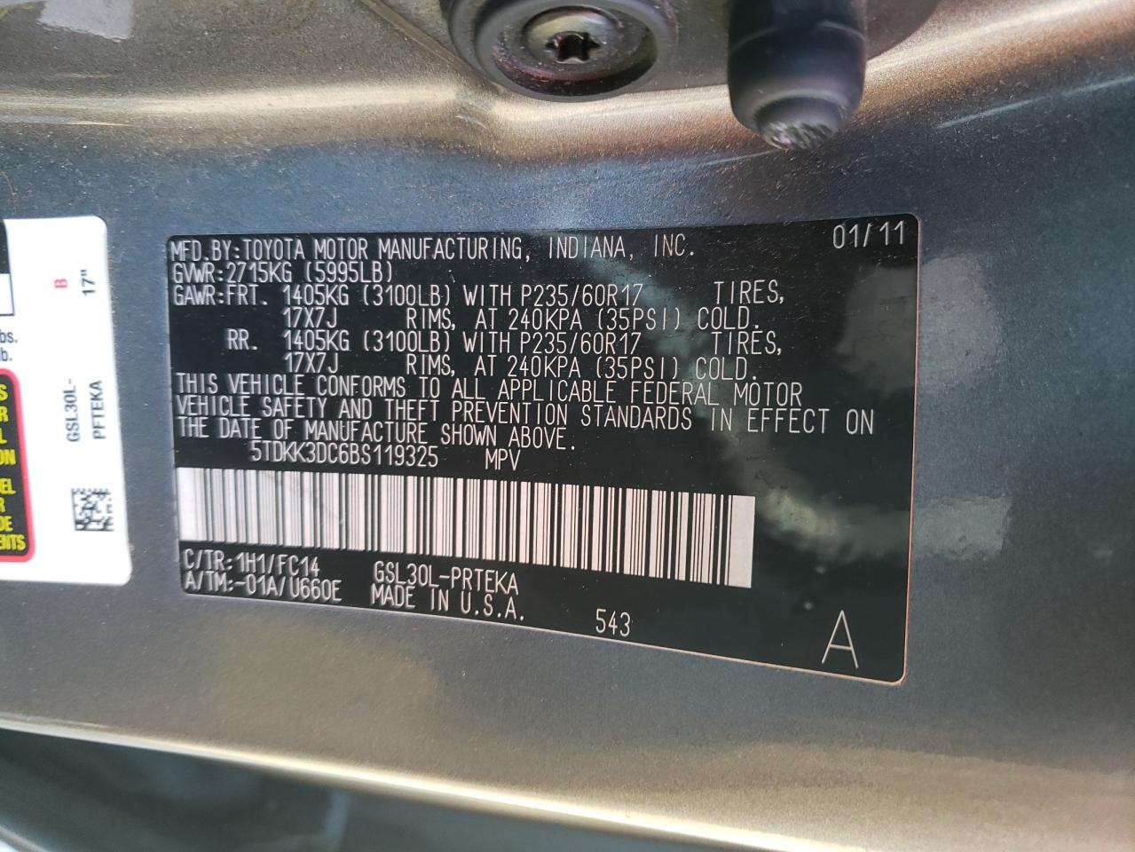 Photo 10 from auction – 2011 TOYOTA SIENNA LE with VIN 5TDKK3DC6BS119325