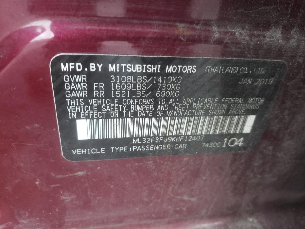 Photo 10 from auction – 2019 MITSUBISHI MIRAGE G4 with VIN ML32F3FJ9KHF12407