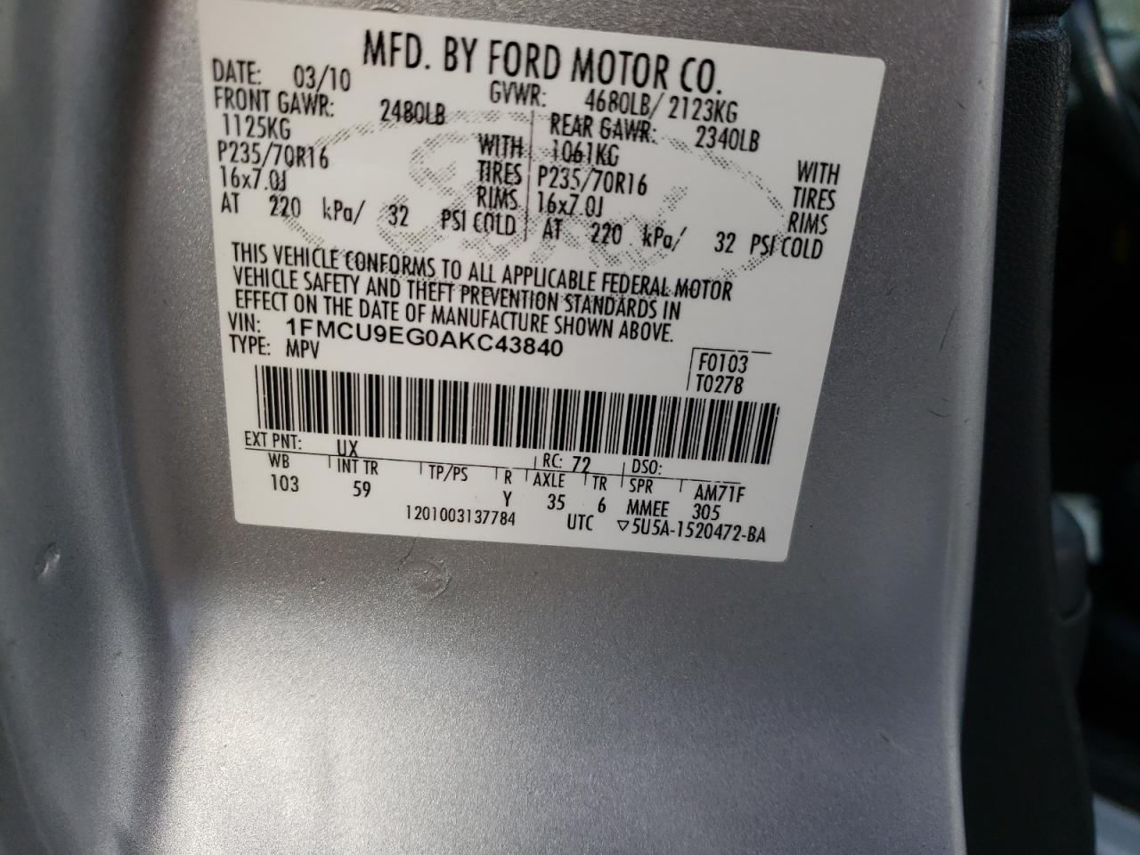 Photo 10 from auction – 2010 FORD ESCAPE LIM with VIN 1FMCU9EG0AKC43840