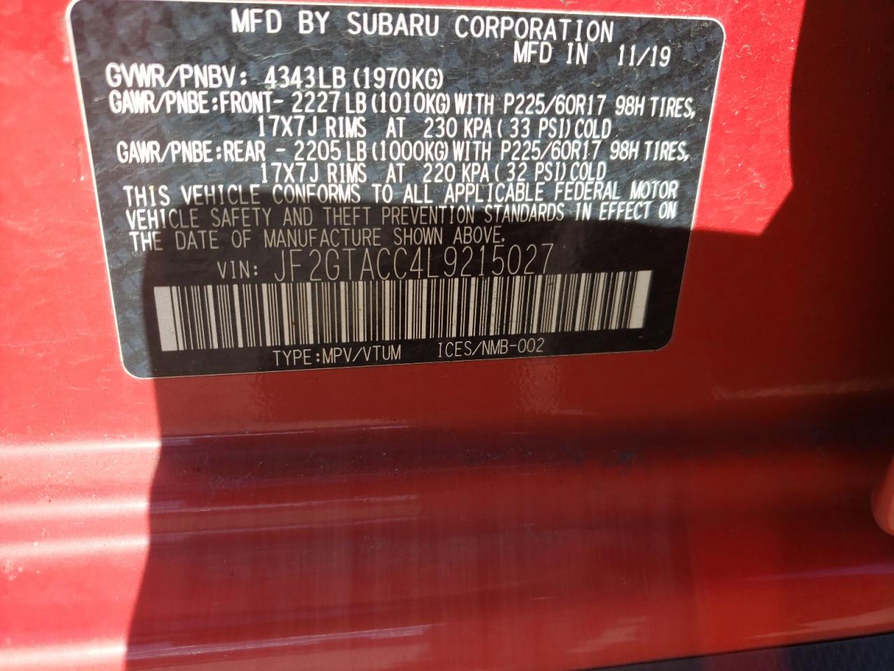 Photo 10 from auction – 2020 SUBARU CROSSTREK with VIN JF2GTACC4L9215027