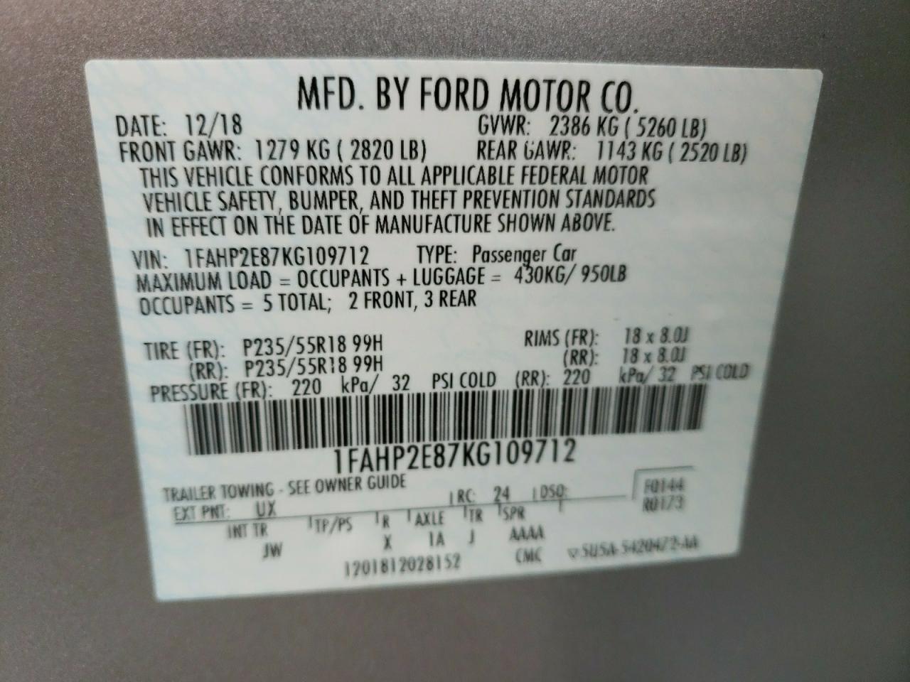 Photo 10 from auction – 2019 FORD TAURUS SEL with VIN 1FAHP2E87KG109712
