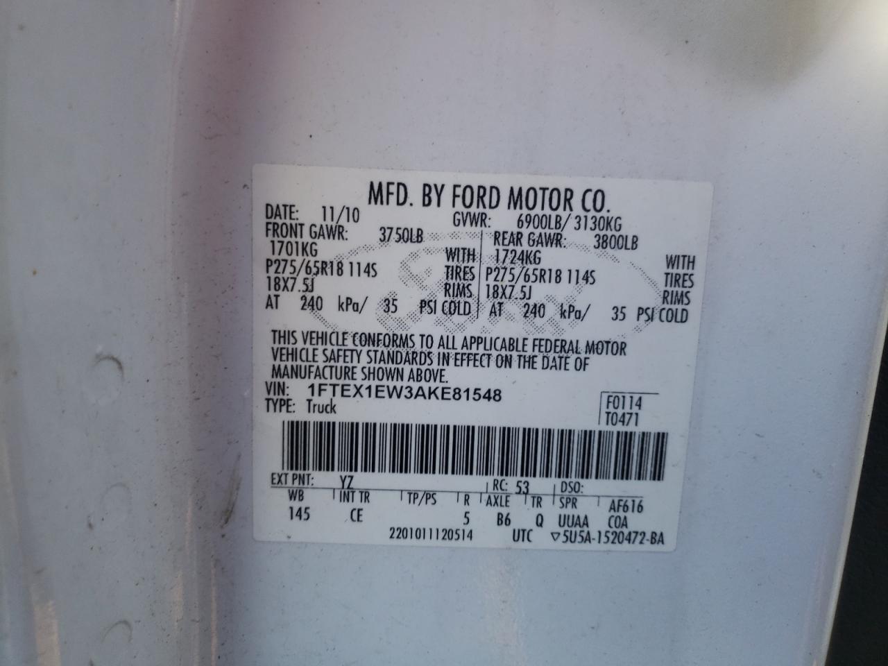 Photo 10 from auction – 2010 FORD F150 SUPER with VIN 1FTEX1EW3AKE81548