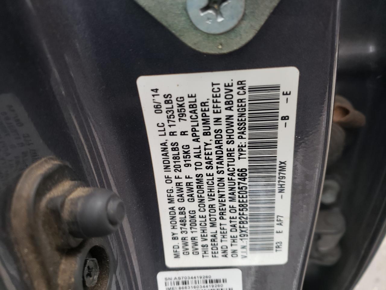 Photo 10 from auction – 2014 HONDA CIVIC LX with VIN 19XFB2F58EE057466