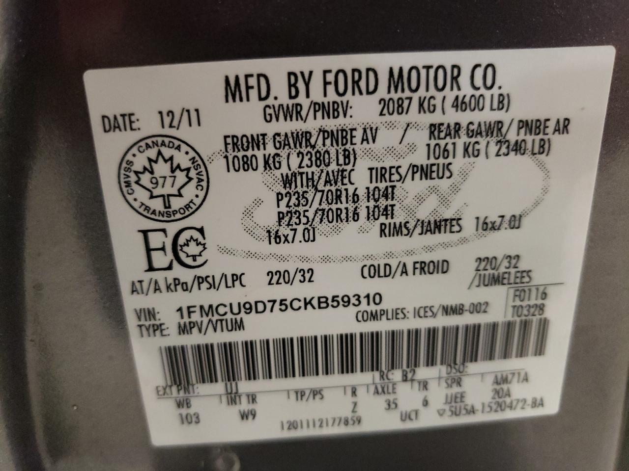 Photo 10 from auction – 2012 FORD ESCAPE XLT with VIN 1FMCU9D75CKB59310