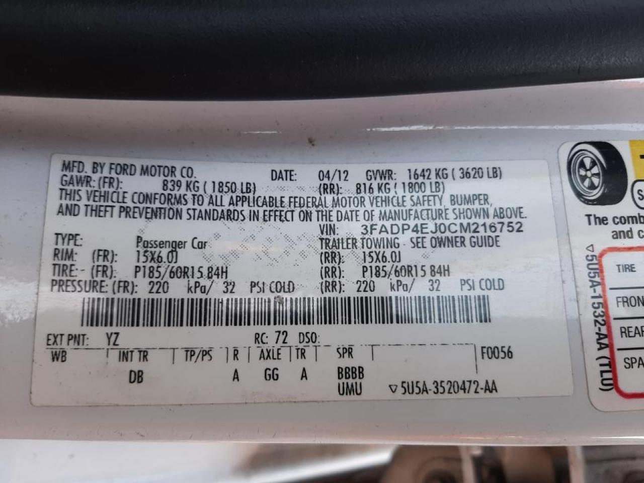 Photo 10 from auction – 2012 FORD FIESTA SE with VIN 3FADP4EJ0CM216752