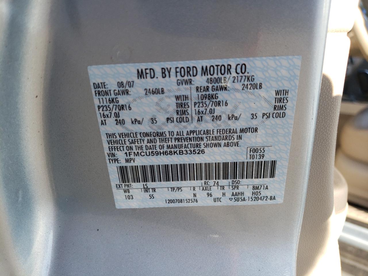 Photo 10 from auction – 2008 FORD ESCAPE HEV with VIN 1FMCU59H68KB33526