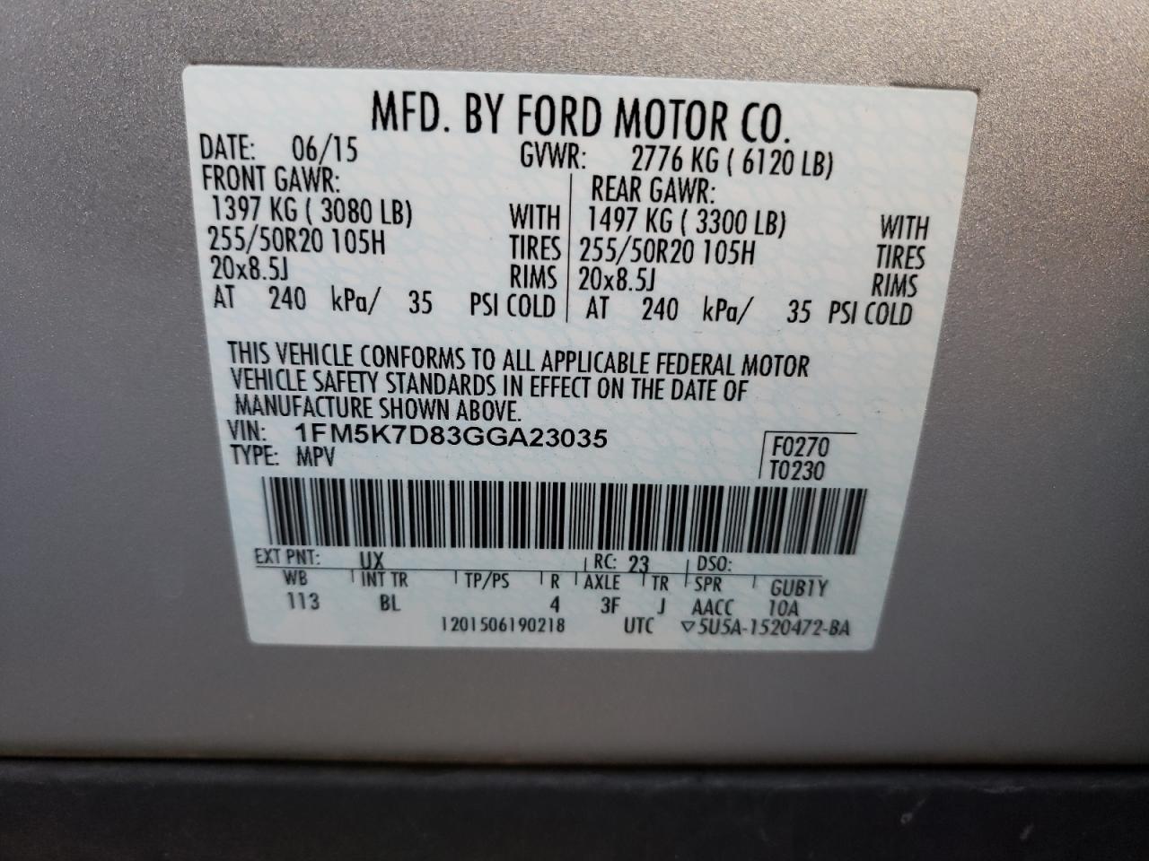 Photo 10 from auction – 2016 FORD EXPLORER X with VIN 1FM5K7D83GGA23035