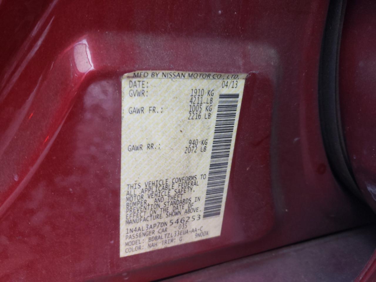 Photo 10 from auction – 2013 NISSAN ALTIMA 2.5 with VIN 1N4AL3AP7DN546253