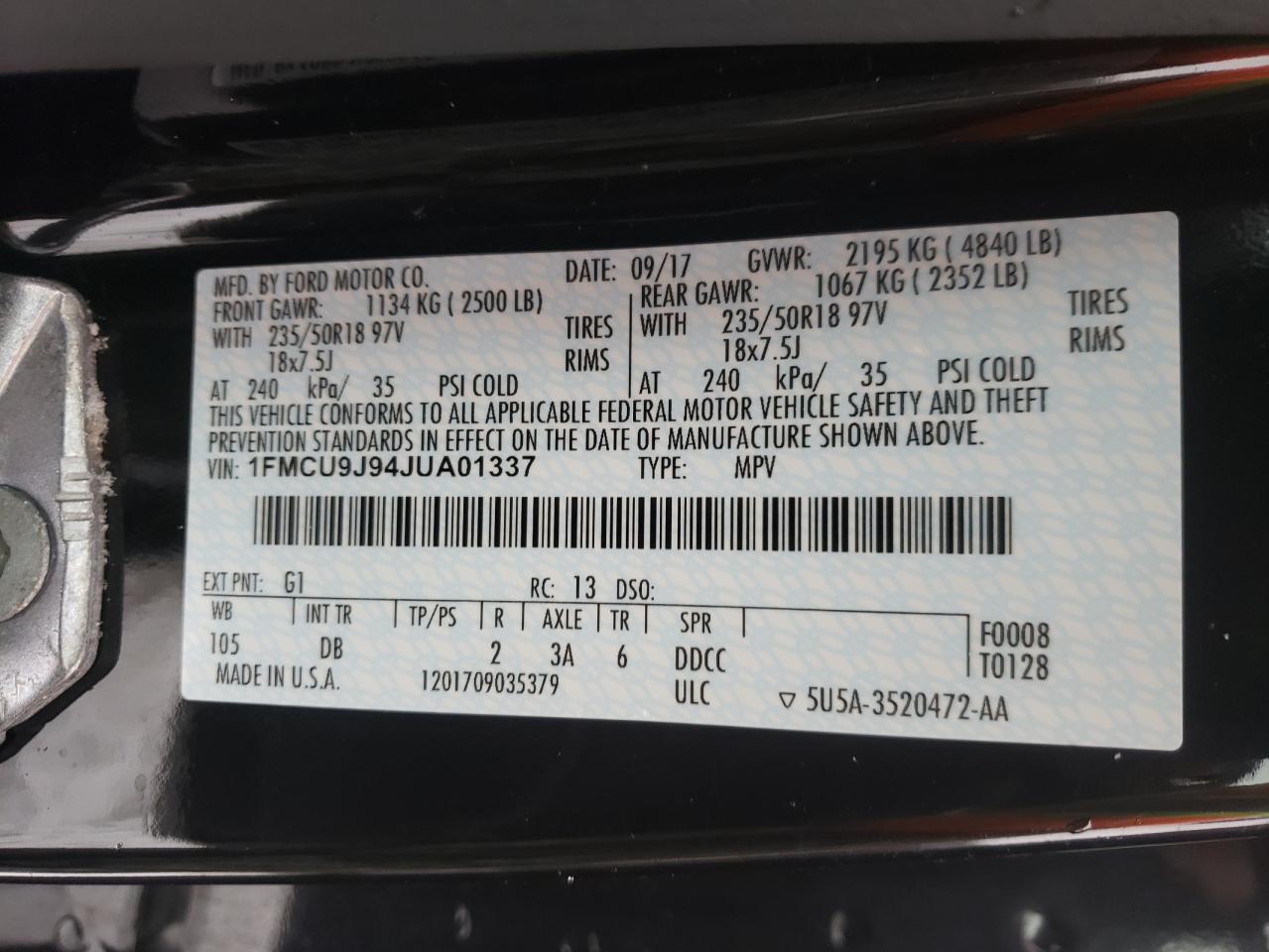 Photo 10 from auction – 2018 FORD ESCAPE TIT with VIN 1FMCU9J94JUA01337