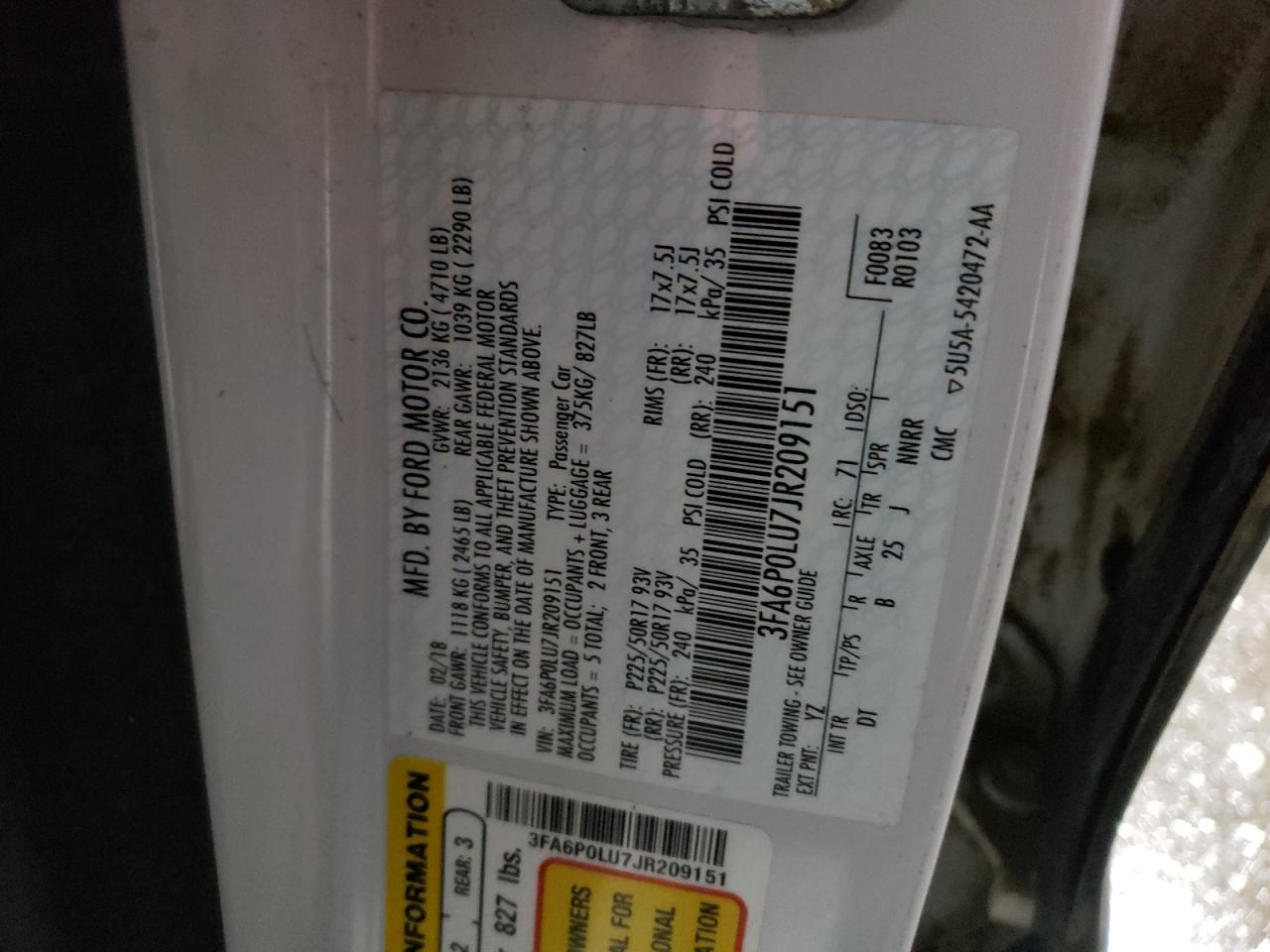 Photo 10 from auction – 2018 FORD FUSION SE with VIN 3FA6P0LU7JR209151