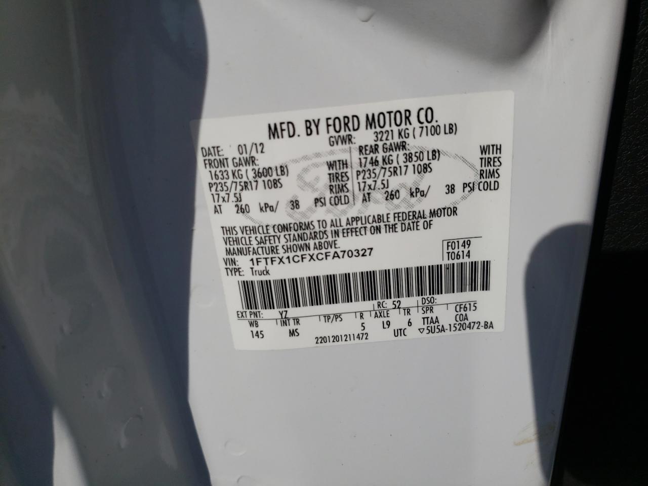 Photo 10 from auction – 2012 FORD F150 SUPER with VIN 1FTFX1CFXCFA70327