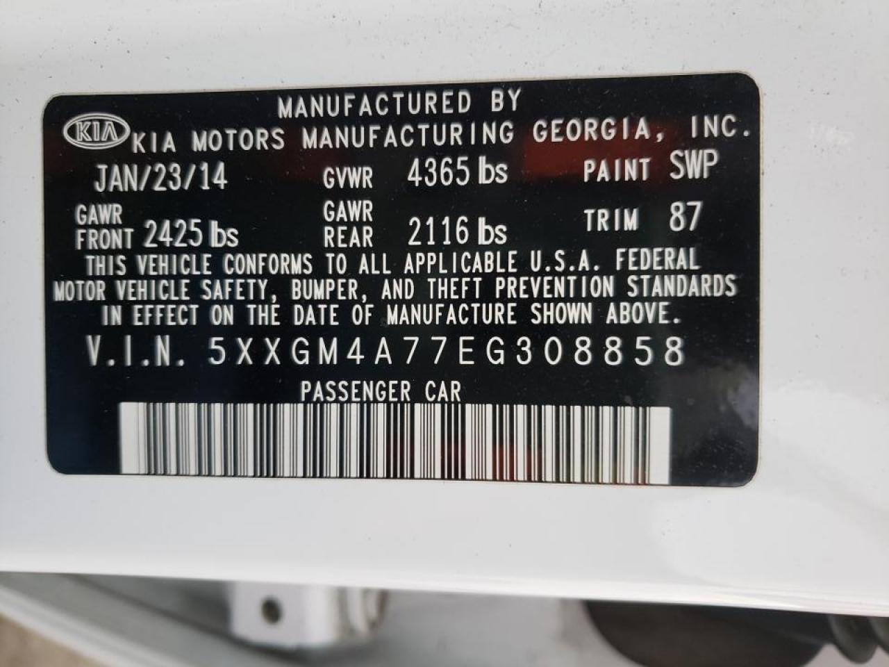 Photo 10 from auction – 2014 KIA OPTIMA LX with VIN 5XXGM4A77EG308858