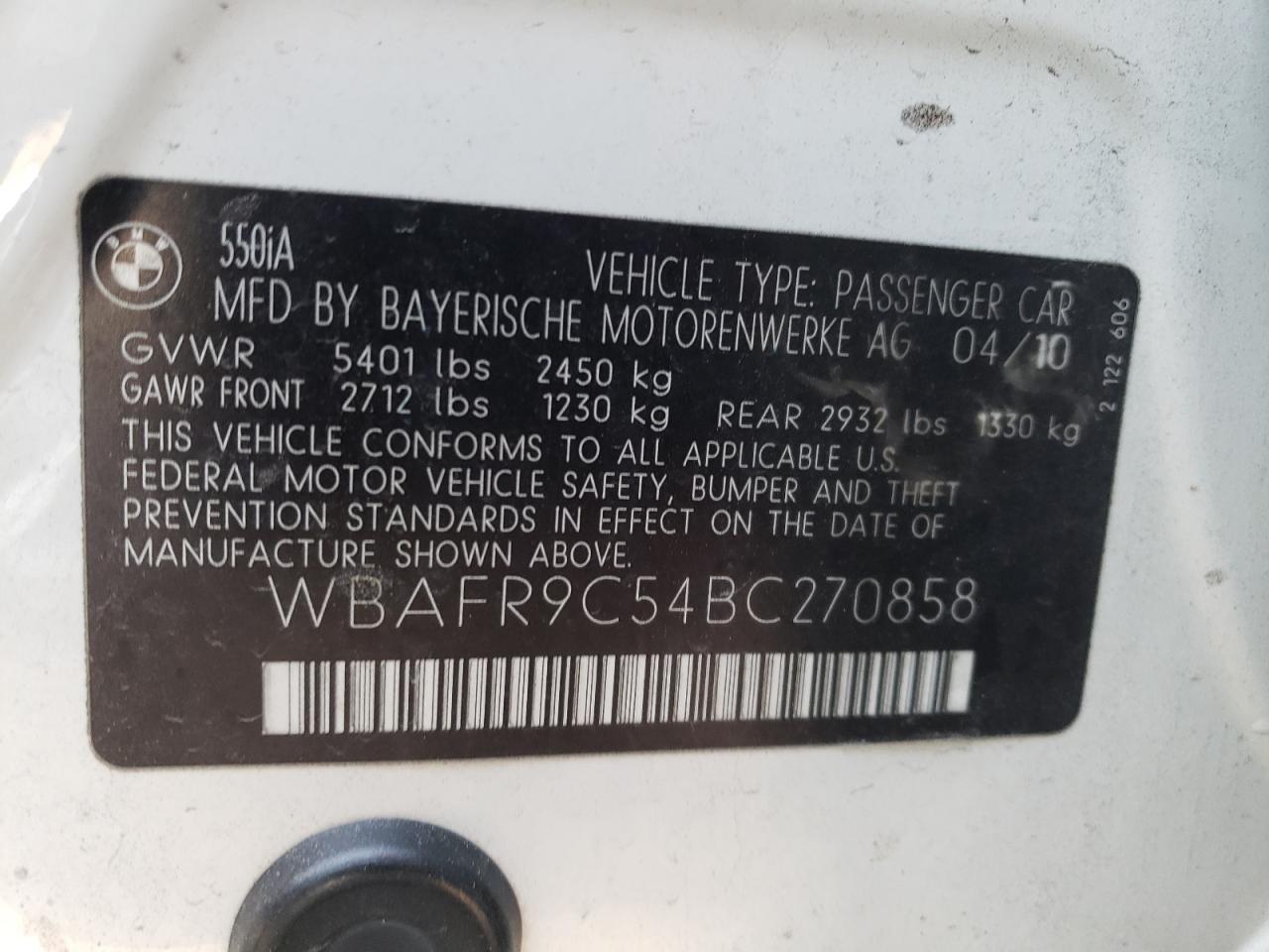 Photo 10 from auction – 2011 BMW 550 I with VIN WBAFR9C54BC270858