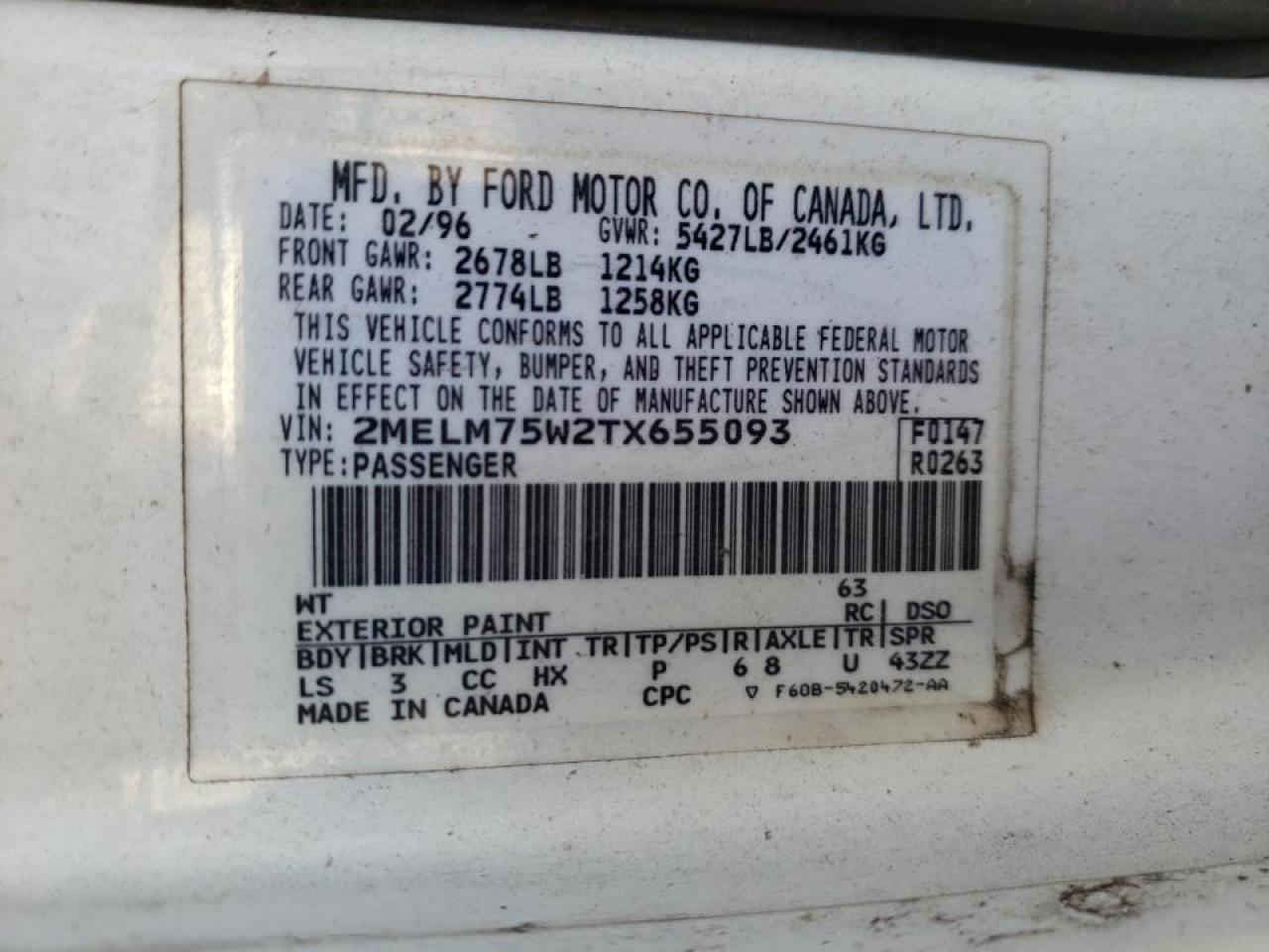 Photo 10 from auction – 1996 MERCURY GRAND MARQ with VIN 2MELM75W2TX655093