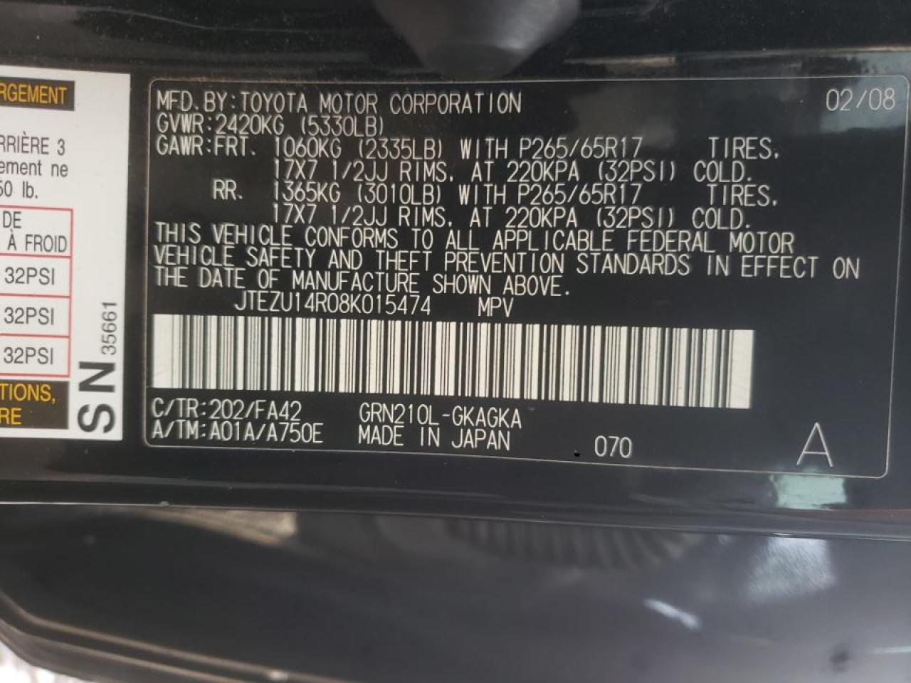 Photo 10 from auction – 2008 TOYOTA 4RUNNER SR with VIN JTEZU14R08K015474