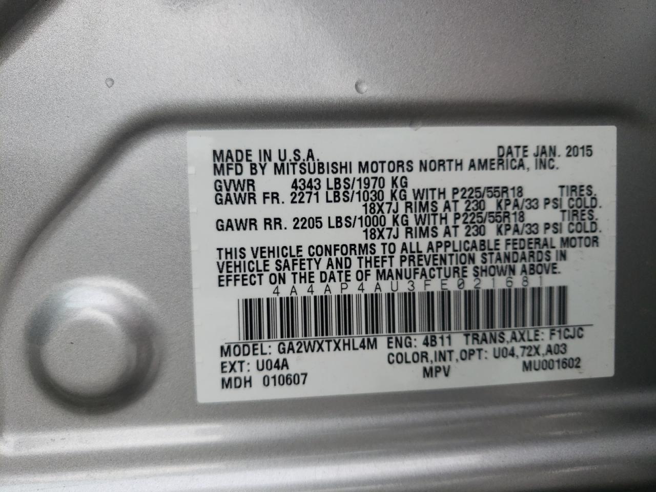 Photo 10 from auction – 2015 MITSUBISHI OUTLANDER with VIN 4A4AP4AU3FE021681