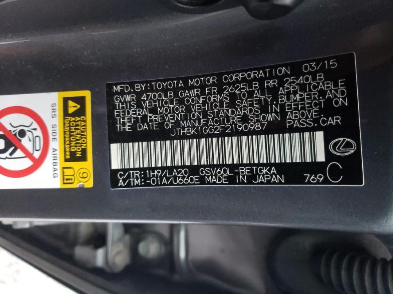 Photo 10 from auction – 2015 LEXUS ES 350 with VIN JTHBK1GG2F2190987
