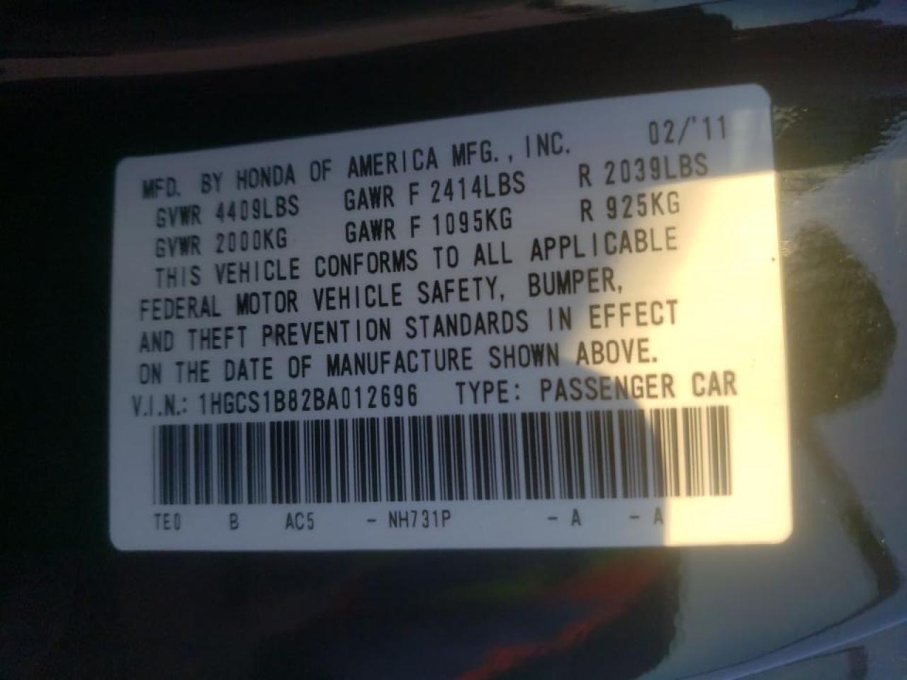 Photo 10 from auction – 2011 HONDA ACCORD EXL with VIN 1HGCS1B82BA012696