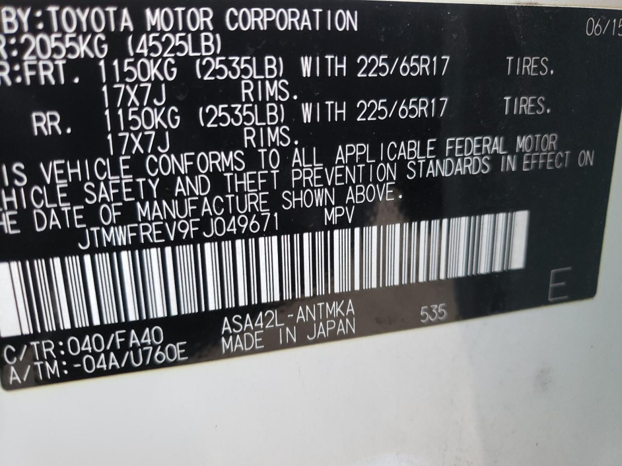 Photo 10 from auction – 2015 TOYOTA RAV4 XLE with VIN JTMWFREV9FJ049671