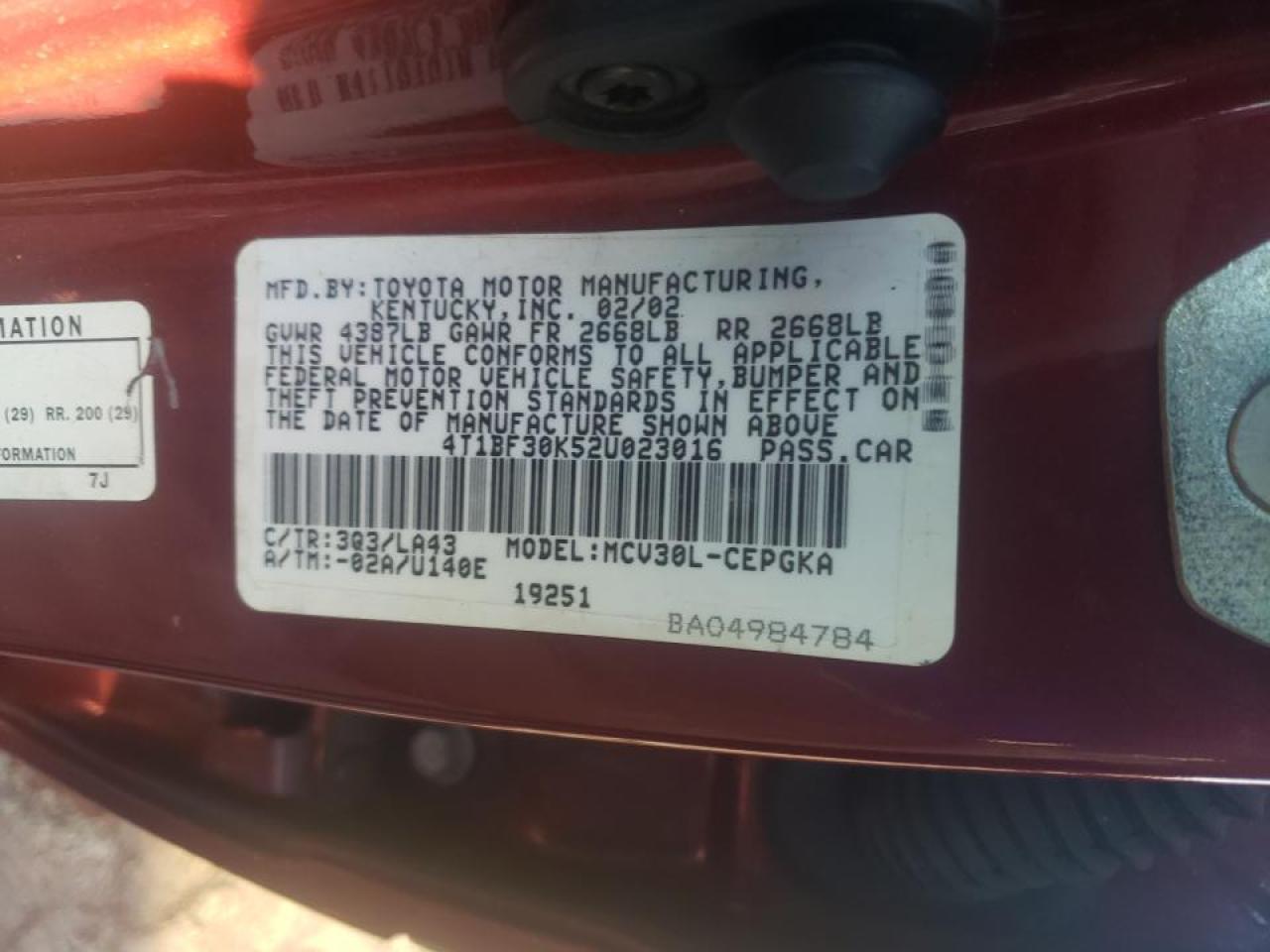 Photo 10 from auction – 2002 TOYOTA CAMRY LE with VIN 4T1BF30K52U023016