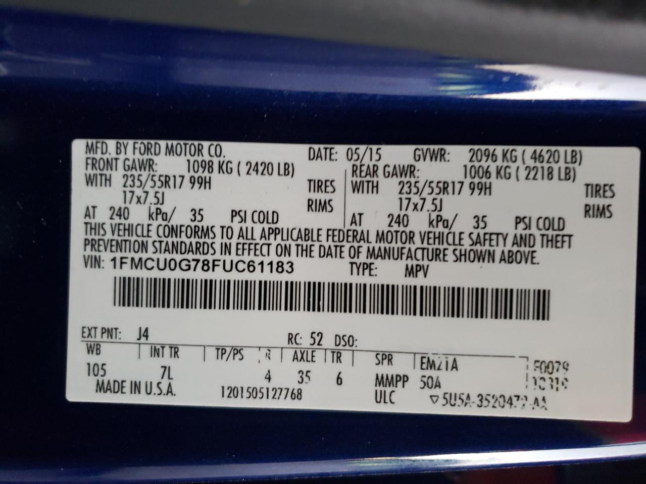 Photo 10 from auction – 2015 FORD ESCAPE SE with VIN 1FMCU0G78FUC61183