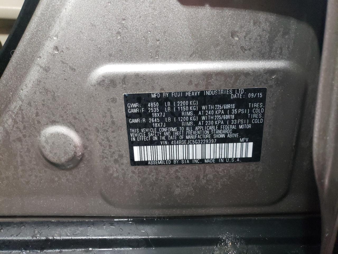 Photo 10 from auction – 2016 SUBARU OUTBACK 3. with VIN 4S4BSEJC5G3229397