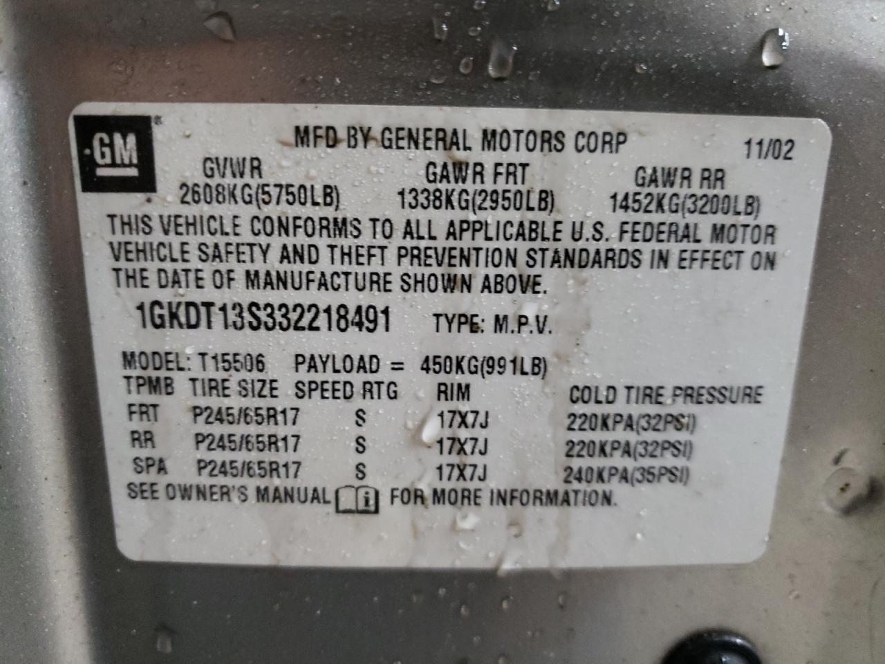 Photo 10 from auction – 2003 GMC ENVOY with VIN 1GKDT13S332218491