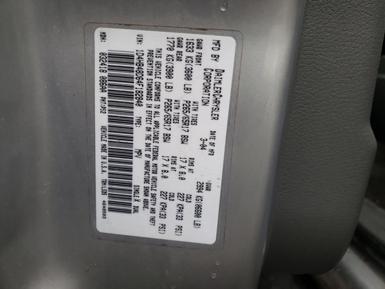 Photo 10 from auction – 2004 DODGE DURANGO SL with VIN 1D4HB48D64F182840