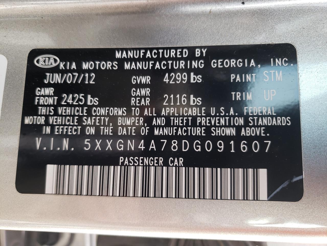Photo 10 from auction – 2013 KIA OPTIMA EX with VIN 5XXGN4A78DG091607