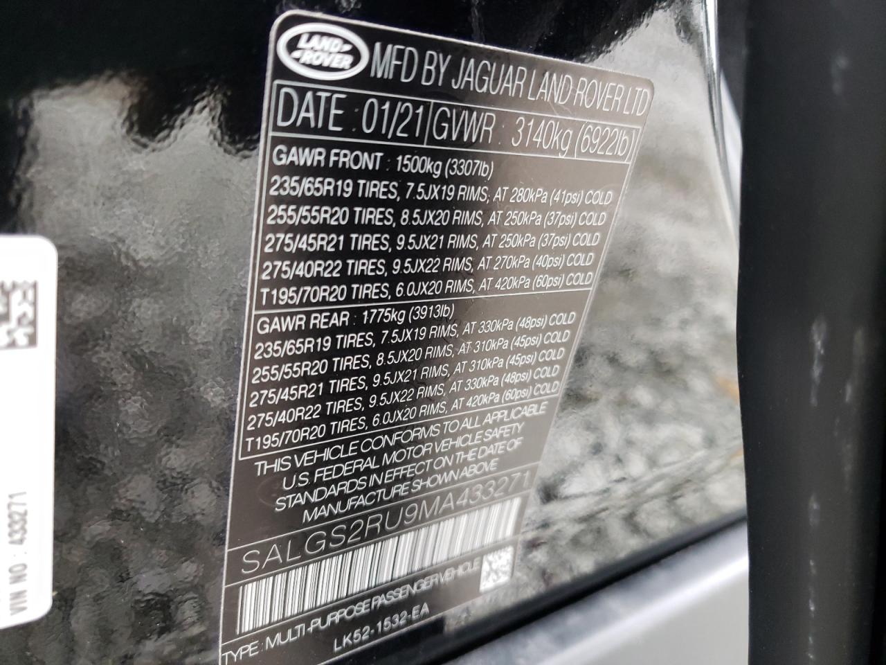 Photo 10 from auction – 2021 LAND ROVER RANGE ROVE with VIN SALGS2RU9MA433271