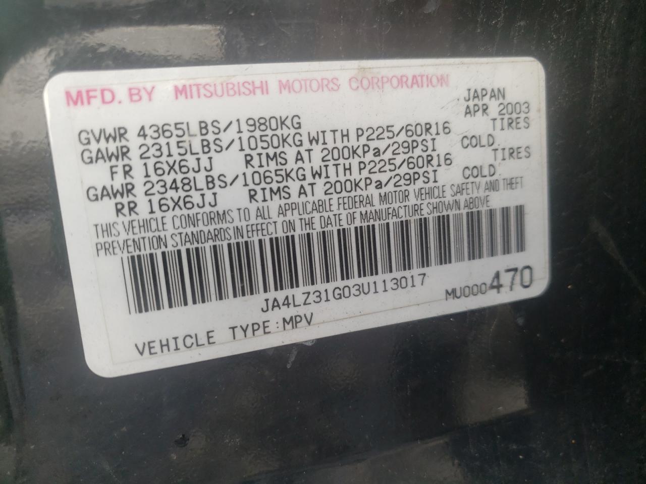 Photo 10 from auction – 2003 MITSUBISHI OUTLANDER with VIN JA4LZ31G03U113017